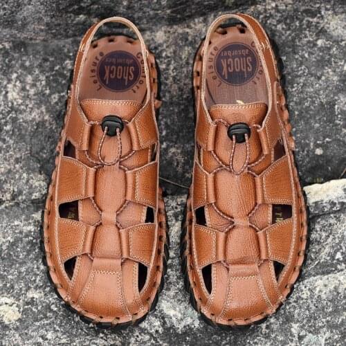 2020 mens handmade sandals hollow breathable beach genuine leather summer sandale homme luxe cuir 39 roman rubber shoes online