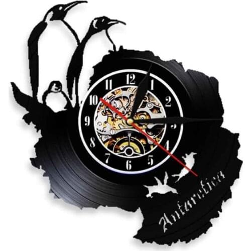Cute Antarctic Penguins Family Vinyl Record Wall Clock Modern Design Home Decor Wall Watch For South Pole Seabird Penguins Gift