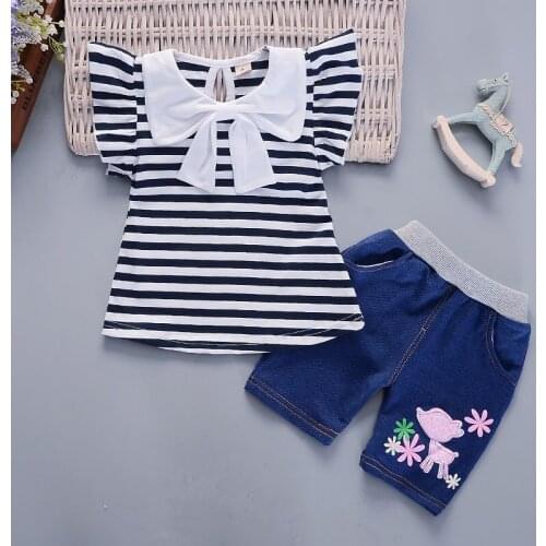 Girls Summer New Short Sleeve T-Shirt Shorts Set Girl striped shorts two-piece suit Girls cotton T-shirt shorts two-piece suit