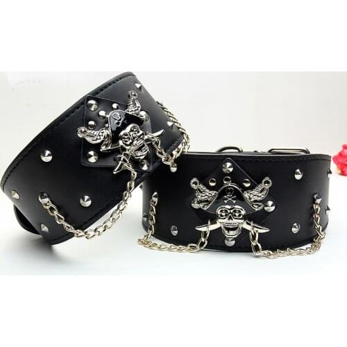 Round Studded Large Dog Genuine Leather Collar with The Pirates Ghost Pets Durable Collars 3 Sizes Free shipping