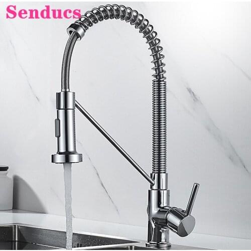 Senducs Spring Kitchen Faucets Quality Brass Kitchen Mixer Faucet with Pull Out Sprayer Chrome Kitchen Mixer Tap Hot Cold Faucet