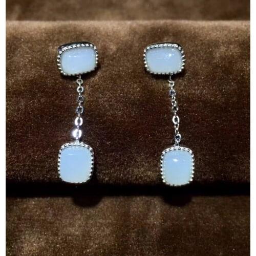 Natural nephrite yu earrings, square shaped , S925 silver inlay