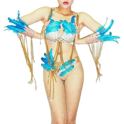 Blue Feather Bra Shorts Women Bikini Sets Gold Chain Tassel DJ Singer Performance Stage Wear Nightclub Pole Dancing Costumes