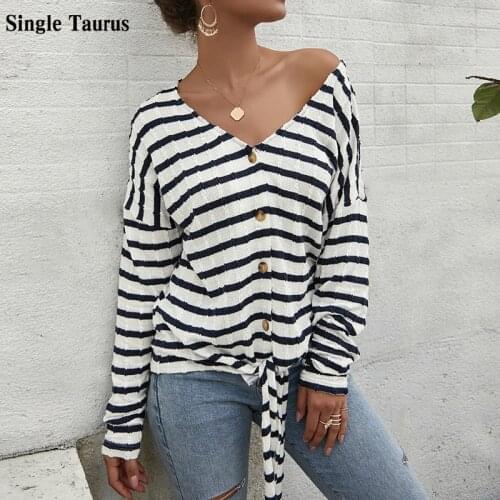 Autumn Winter Female Sweater Long Sleeve V Neck Sexy Stripe Print Korean Casual Loose Knitwear Knitted Sweater Women Cardigan