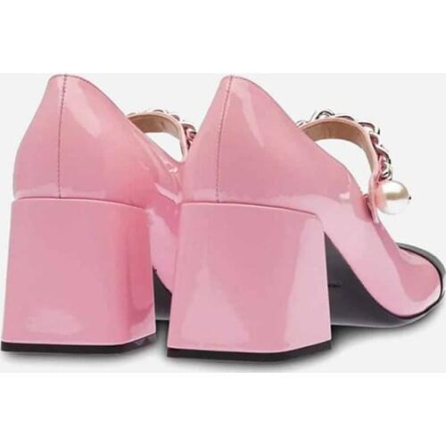 MUMANI Woman‘s 2021Hot New Mary Janes Shoes Genuine Leather Square Heel Round Toe Shallow Pumps Pearl Buckle Strap Lady Footwear