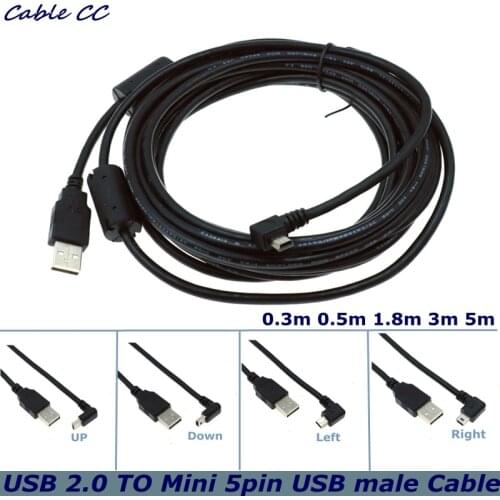 USB 2.0 male to Mini USB B type 5 pin 90 degree up and down left and right angle Android phone data cable 0.25m / 1.8m / 5m