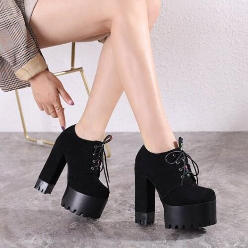 Spring Black Ankle Booties Shoes Women Round Toe Platform Autumn Boots Thick High Heels Lace Up And Buckle Ladies Shoes