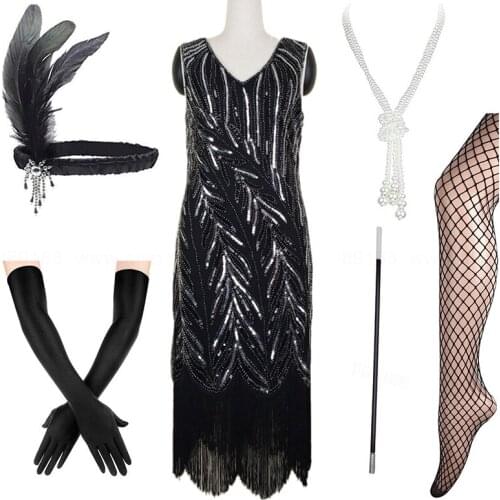 Womens 1920s V Neck Sequins Beaded Fringed Gatsby Theme Roaing Arc Wedding Party Flapper Tassel Dress with Accessories Set
