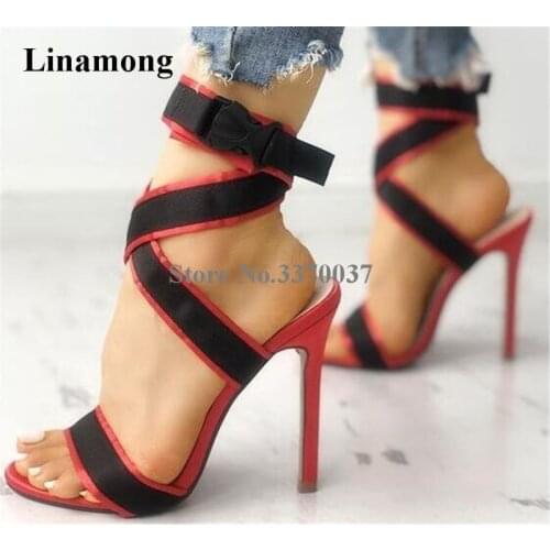 Summer New Fashion Women Open Toe Suede Leather Patchwork Straps Thin Heel Sandals Ankle Strap High Heel Sandals Dress Shoes