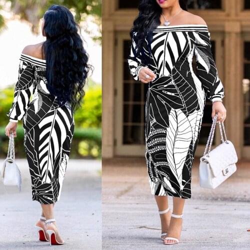 Women Printed Bodycon Midi Dress Summer Autumn 2019 Sexy Off Shoulder Long Sleeve Fit Pencil Elegant Party Dresses Vestidos Hot