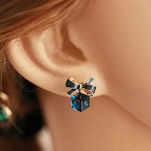 1 Pair Womens Fashion Cute Bowknot Cube Crystal Rhinestone Earrings Hot Selling ASU4