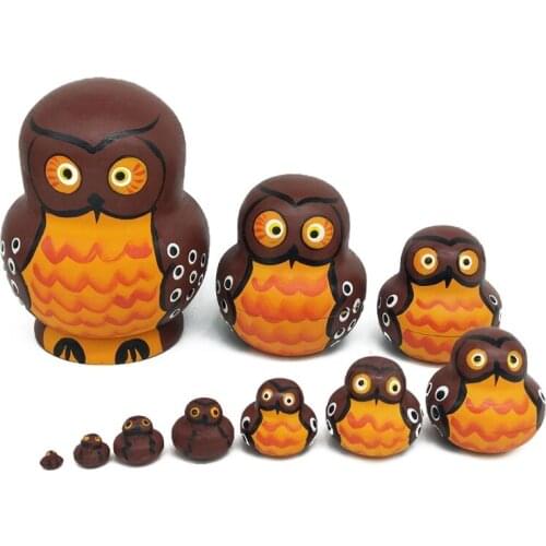 N7ME 10pcs Cute Cartoon Big Belly Shape Brown Owl Wooden Russia Nesting Dolls Matryoshka for Kids Children Birthday Gift Home