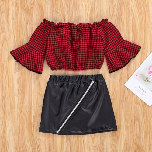 Fall New Kid Girls 2 Pcs Outfits Off Shoulder Flared Sleeve Plaid Blouse + Black PU Leather Zipper Skirt Clothes Set