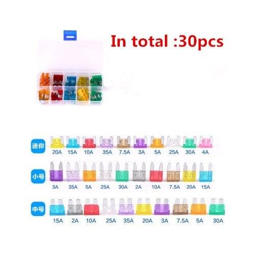30Pcs/lot Auto Car Truck ATC Fuse different AMP Mini,small and medium Blade Mixed Set