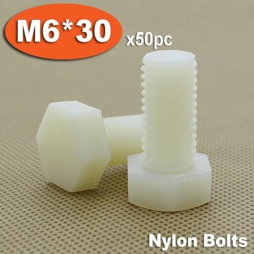 50pcs DIN933 M6 x 30 Fully Threaded White Plastic Nylon Bolts Hexagon Hex Head Bolt Set Screw Setscrews