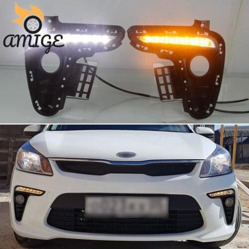 Car LED DRL Daylights For Kia Rio K2 2017 2018 12V Yellow Turn Signal Daytime Running Headlamps Auto Driving Fog Lamp