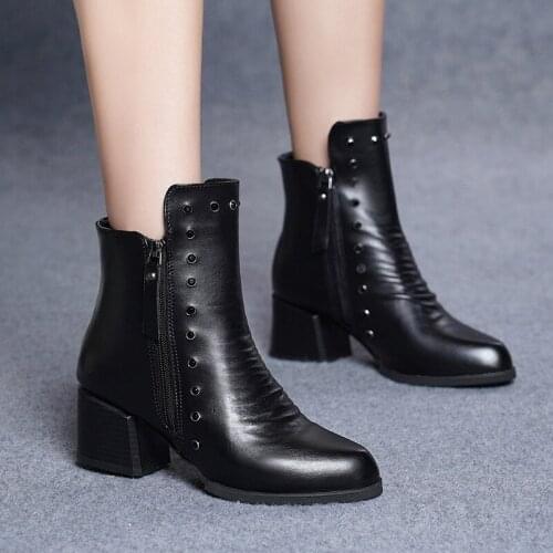 Popular Boots Womens 2021 Spring Autumn New Style Double Zipper Pointed Toe Fashion Rivet Short Boots Thick Heel Ankle Boots