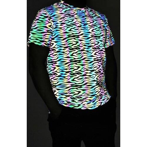 Colorful Zebra-Stripe Reflective T Shirt Men Short Sleeve T-shirts Hip Hop Streetwear Tops Night Reflection Rainbow Color Tee