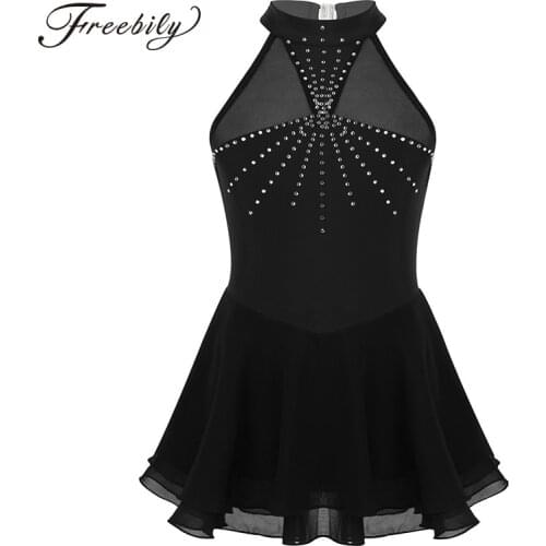 Kids Teens Sleeveless Halter Sparkly Rhinestones Mesh Splice Figure Ice Skating Dress Gymnastics Leotard Girl Ballet Dance Dress