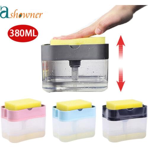 2 in 1 Scrubbing Liquid Detergent Dispenser Press-Type Liquid Soap Box Pump Organizer With Sponge Kitchen Tool Bathroom Supplies