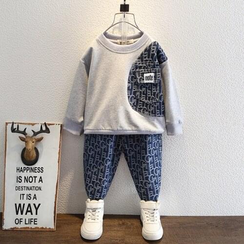 Spring autumn boys sweatshirts set kids clothes children hoodies baby sweatshirts + pants 2 pcs set fashion Denim stitching