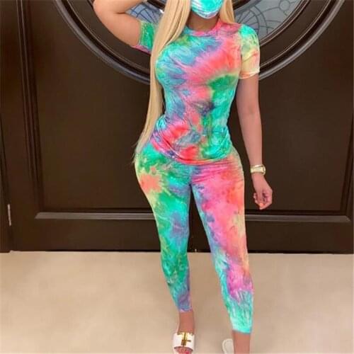 Tie-Dye Two Piece Set Women Summer Clothes Casual Sportswear 2 Piece Outfit Women Sweat Suit Short Sleeve Top and Trousers Set