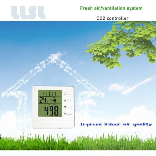 Indoor environment ventilation system controller, with CO2 monitoring, controls 3-speed fan to accelerate indoor air circulation