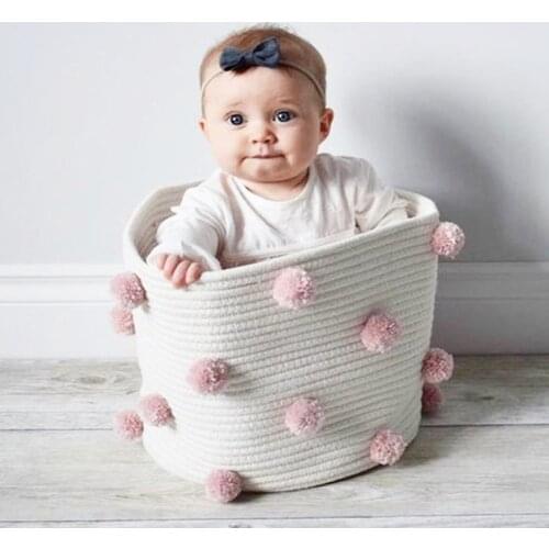1pc Cotton Rope Knitted Pompom Decor Laundry Basket Toy Storage Bucket Photo Prop Toy Basket Bucket Organizer Large Capacity