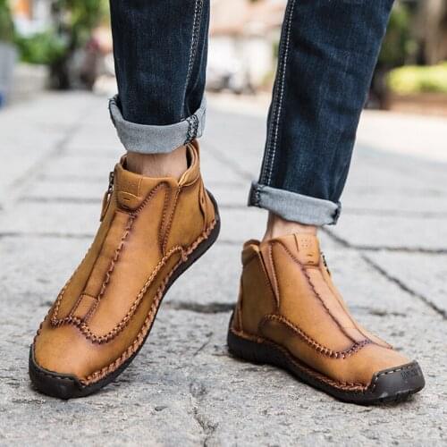 Hand-stitching Leather Boots Men Shoes Casual Slip On Patent Boots Zip Retro Leather Ankle Botas Hot Sale Hombres Botas 2021