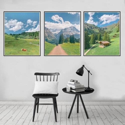 Summer Landscape Trees Cow Cabin Poster Canvas Print Painting Wall Art Living Room Home Decoration