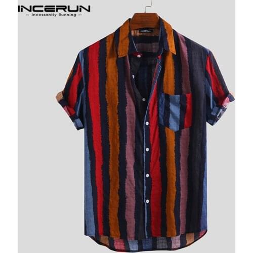 INCERUN Men Striped Shirt Short Sleeve Streetwear Vintage Casual Tops Beach Breathable 2021 Hawaiian Shirts Men Camisa S-5XL