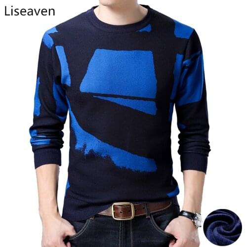 Liseaven Men Winter Thick Sweater O-Neck Fleece Pullover Sweaters Print Pullovers Mens Tops Clothing