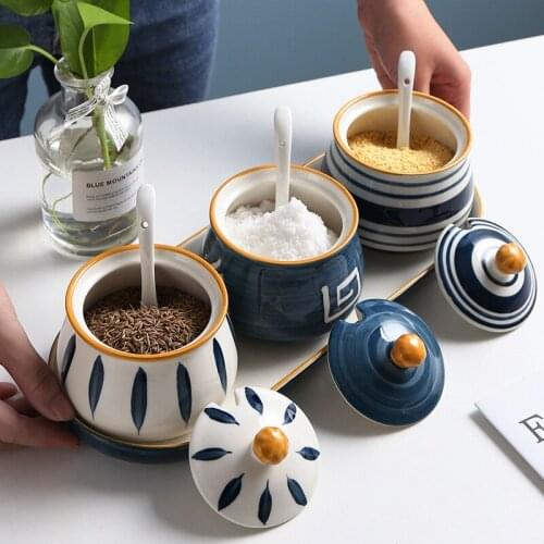Ceramic Seasoning Pot Set Salt MSG Seasoning Box Salt Pot Household Kitchen Supplies Seasoning Pot Seasoning Box Combination