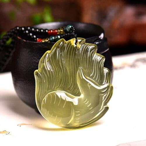 Fine Yellow Natural Crystal Pendants Hand Carved Nine Tails Fox Sweater chain Necklace Lucky for Women Men Help Marriage Jewelry