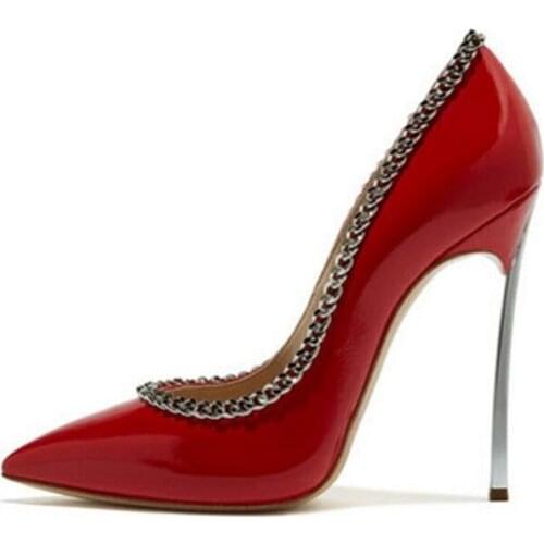 Sexy Red Patent Leather Wedding Shoes Bride Zipper Chain Decor Pointed Toe Pump Women Shoes Silver Blade Heels Fashion Shoes
