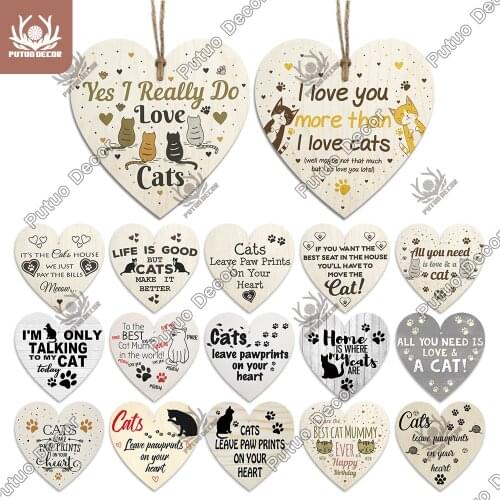 Putuo Decor Cat Sign Heart Shape Wooden Sign Friendship Hanging Plaque Crafts Ornament for Cat House Decor Gifts Wall Stickers