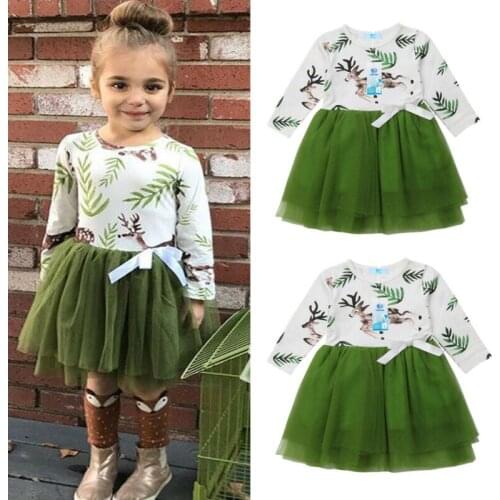 Christmas Clothes Infant Kid Baby Girl Christmas Elk Dress Princess Green Princess Ins Ptachwork Party Lace Tutu layered Dress