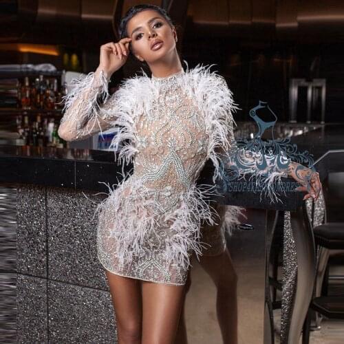 Sexy See Thru High Neck Crystals Short Prom Gowns Luxury Beading Long Sleeves Cocktail Dress 2021 Dubai Feather Party Dresses