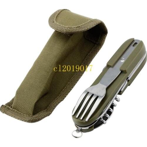 Army Green Folding Portable Stainless Steel Picnic Cutlery Knife Fork Spoon Bottle Opener Flatware Tableware Travel Kit#211