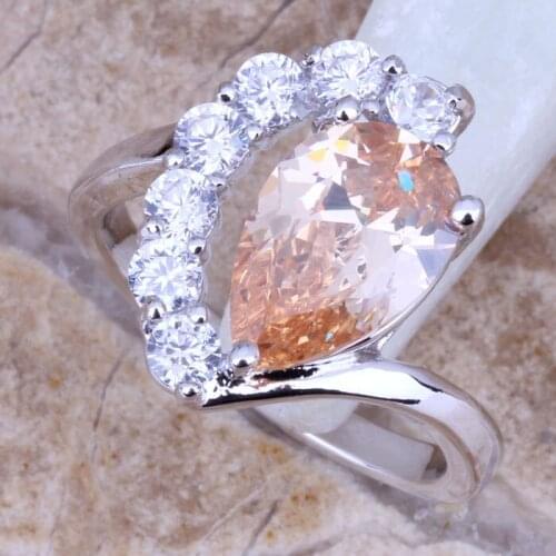 Sparkly Brown Morganite White CZ Silver Plated Ring Size 6 / 7 / 8 / 9 R0227