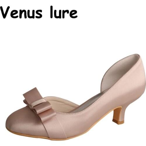 Brand Name Nude Satin Wedding Shoes for Bride Low Heels for Prom Bowtie Pumps