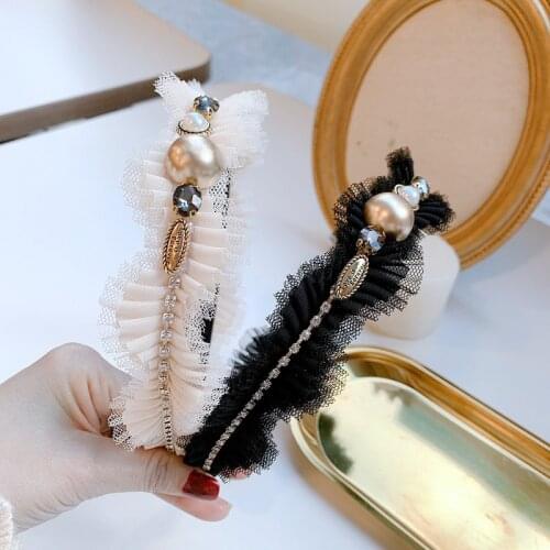 Black Beige Net Yarn Lace Hairbands Women ELegant Sweet Rhinestone Pearl Court Headband Girls 2021 Party Hair Accessories