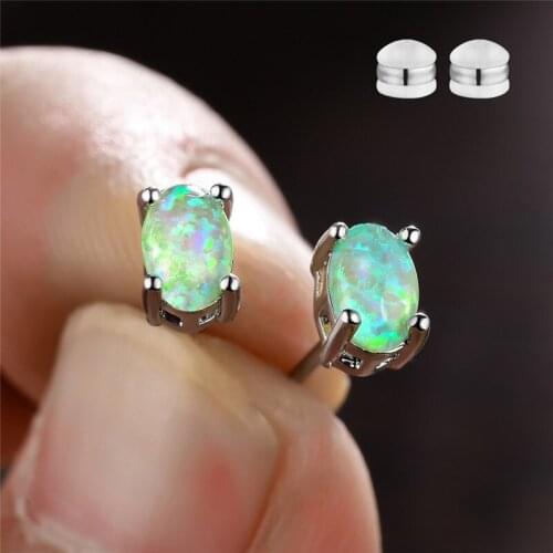 Female Fashion Silver Color Earrings Green Fire Opal Stud Earrings Dainty Oval Small Stone Earrings For Women Wedding Jewelry
