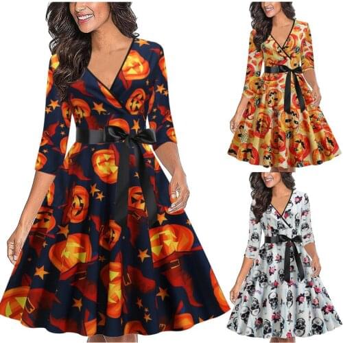 Halloween Costumes For Women Cosplay Fashion Pumpkin Skeleton Printed 3/4 Sleeve Swing Dress Plus Size Long Sleeve Dress Disfraz