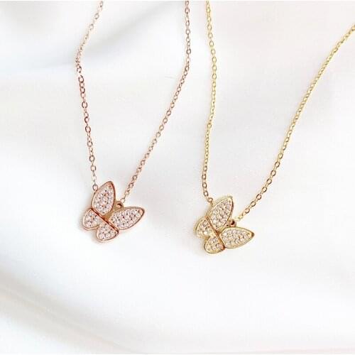 YUN RUO Rose Gold Mosaic Zircon Butterfly Pendant Necklace Titanium Steel Jewelry Woman Christmas Gift Never Fade Drop Shipping