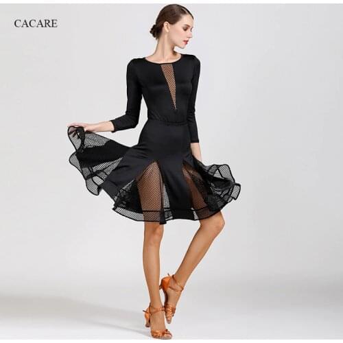 Latin Dance Dress Women Salsa Dress Samba 3 Colors Top Skirt Set D0104 with Ruffled Hem Long Sleeve Patchwork with Lace