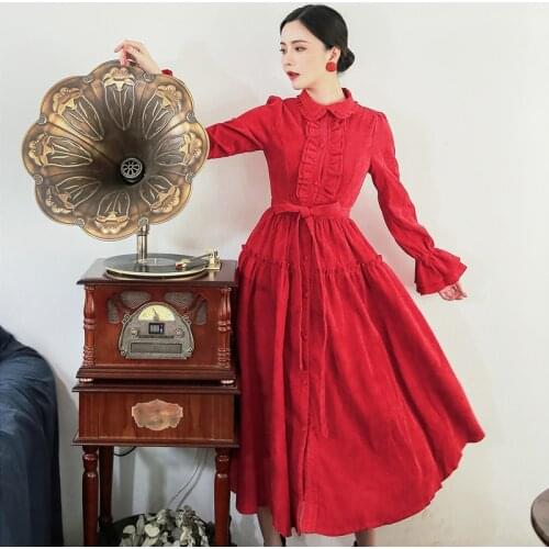 2021 Autumn And Winter New Retro Red Corduroy Dress Slim Literary Large Swing Female Free Shipping