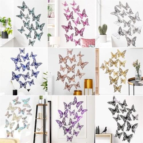 12pcs 3D Hollow Butterfly Wall Stickers Pearlescent Paper Simulation Butterfly Sticker for DIY Art Wall Home Decor Wedding Decor