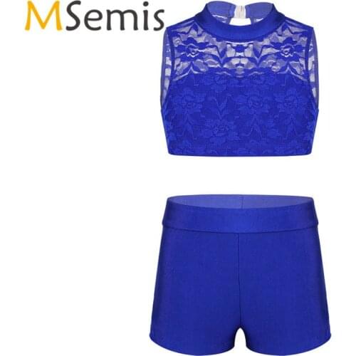 2PCS Kids Girls Ballet Swimsuit for Gymnastics Athletic Outfit Floral Lace Tank Top with Bottoms for Ballet Dance Gym Workout