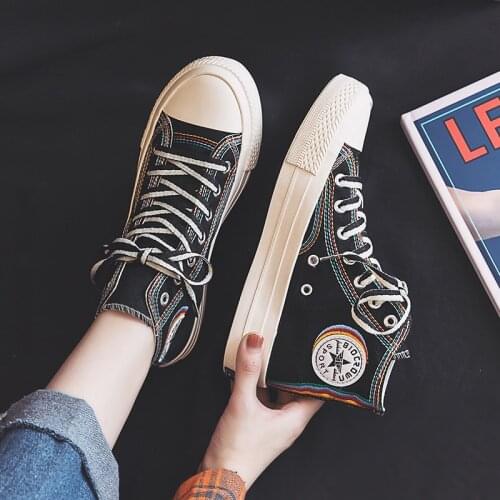 2021 Summer High-Top Canvas Shoes Women All-match Ins Fashion Sneakers Retro Casual Shoes Girls Gumshoe Beige Black Colors